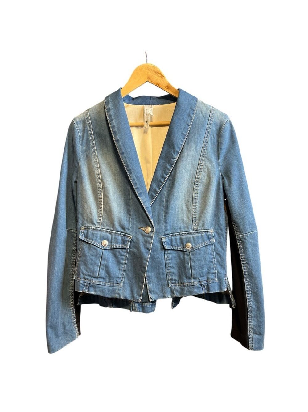 BCBGMaxAzria Light Blue Faded Denim Tuxedo Jacket